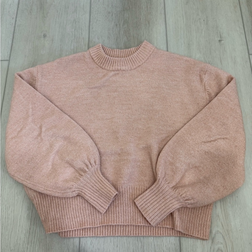 Pink Crew Neck Sweater with Ribbed Details Relaxed Wide Arm Sleeves Women size 0